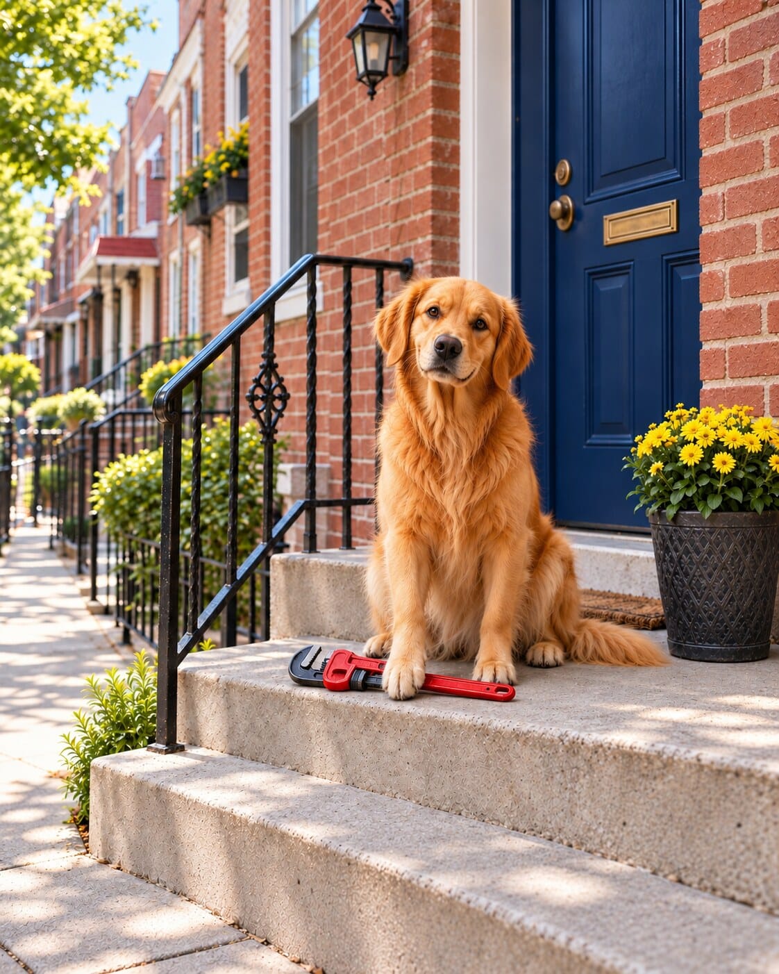 Golden retriever sitting on the stoop of a Queens brick rowhouse with a red pipe wrench beneath its paw